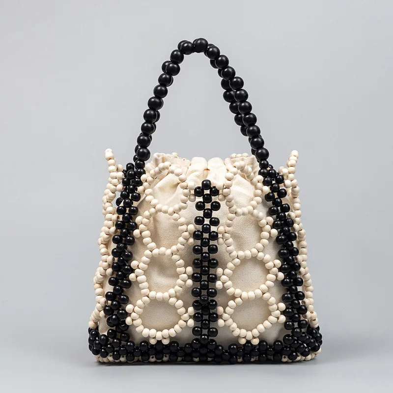 

Handmade Woven Wooden Beads Tote Bag Woven Beaded Tote Bag Summer Beach Travel Shoulder Bags 2024 Fashion Travel Beach Handbag