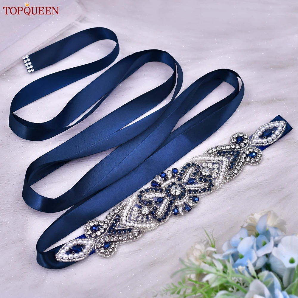 TOPQUEEN Popular Bridal Sash Blue Rhinestone Jeweler Hand Applique Wedding Belt Party Bridesmaid Satin Sash S208-ML