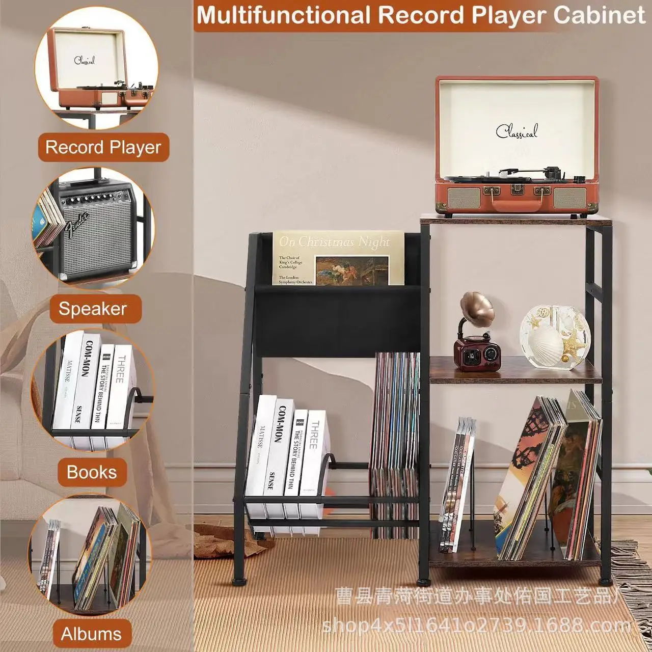 Cross-border home record rack Multifunctional vinyl record storage rack Creative multi-layer ironwood record storage rack