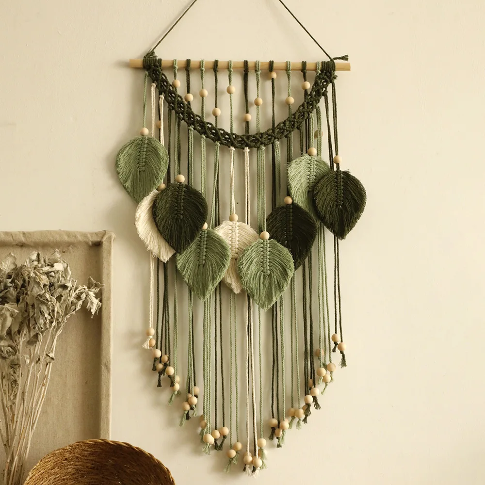 Bohemian Wall Tapestry Cotton Rope Woven Walls Hanging Decoration with Wooden Bead Leaf Tapestry Homestay Living Room Wall Decor