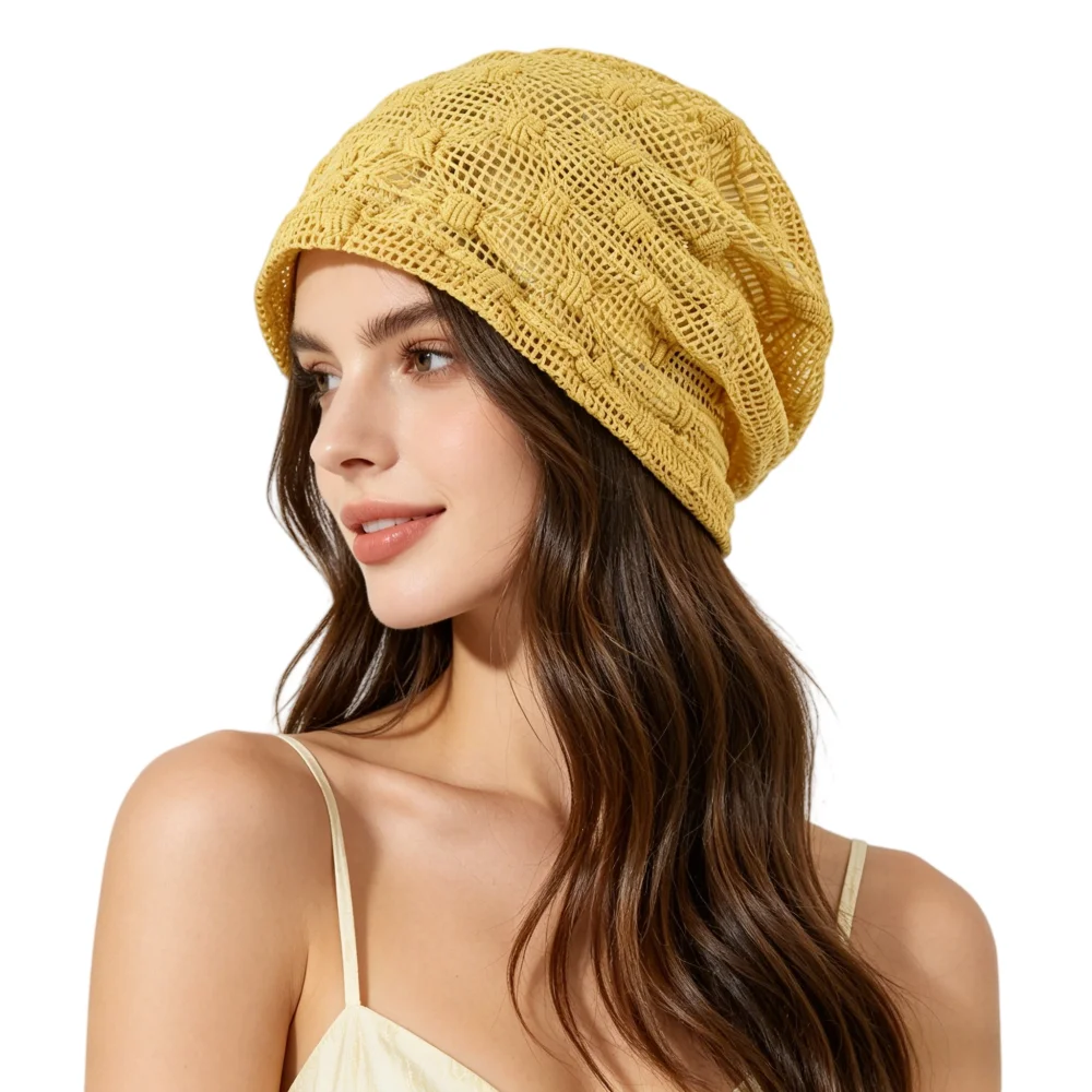 Women Hollow Mesh Slouchy Beanie Breathable Knit Summer Hat Casual Lightweight See-through Headwear