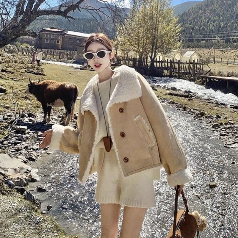 New Winter Women Thick Warm Suede Lamb Motorcycle Coats Faux Shearling Sheepskin Leather Outwear Elegant Luxury Jackets Y2K 2026
