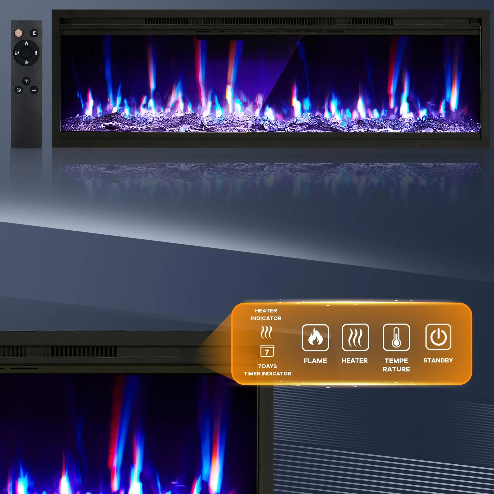 68-Inch Ultra-Thin Recessed & Wall-Mounted Electric Fireplace Insert with 12 Flame Colors, Dual 750W/1500W Heat, Remote, Timer, 5 Brightness Levels, Log & Crystal Media