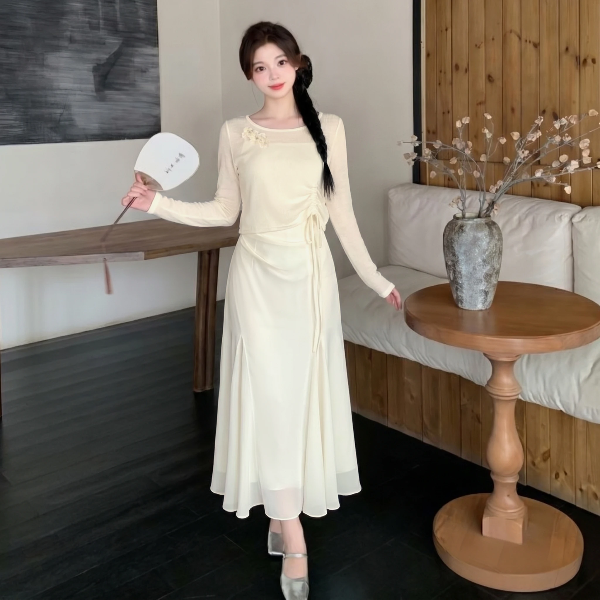 

Elegant Waist-Cinching Maxi Dress Summer Beach Vacation Style Two-Piece Set with Lightweight Polyester Short Sleeve