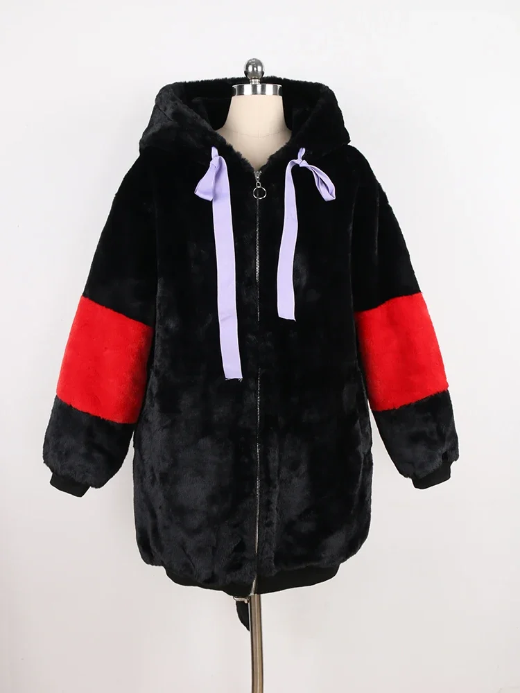 Nerazzurri Winter Thick Warm Soft Harajuku Kawaii Sweet Cute Lovely Faux Fur Hoodie Women Fluffy Jacket with Bunny Ears and Tail