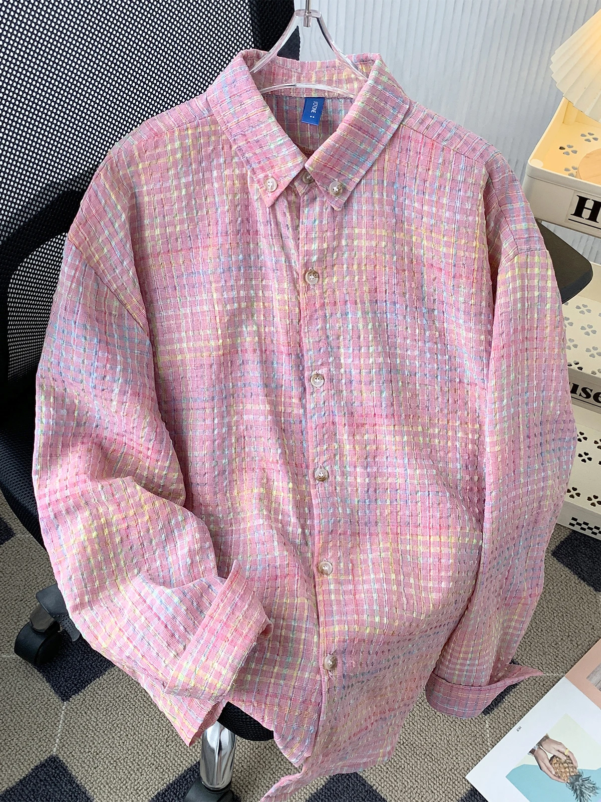 Premium Pink Long Sleeve Shirt Thin Spring Summer New Style Men Women Checkered Collar Flip Shirt Outerwear Youth Fashion