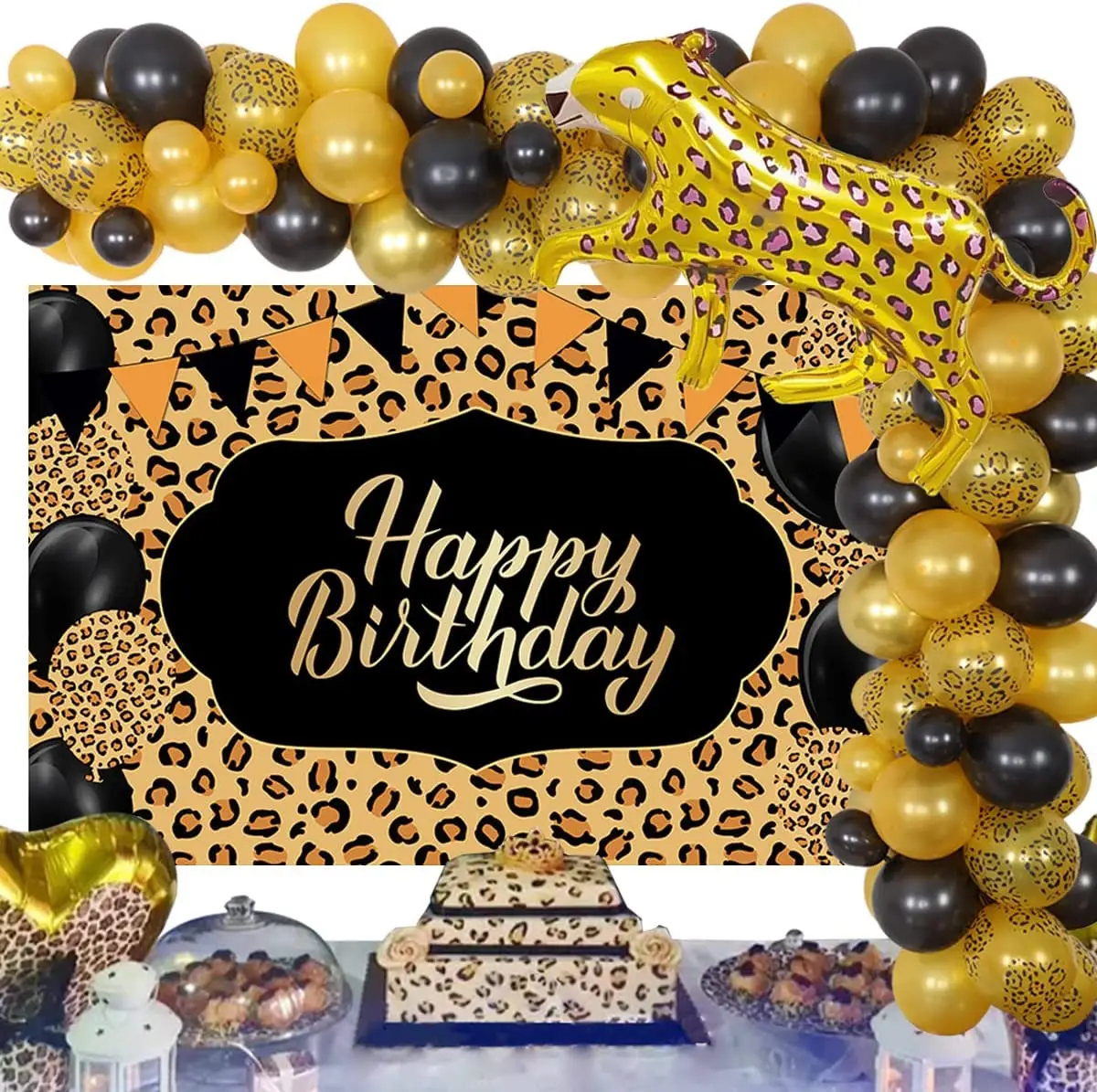 

Black Gold Cheetah Birthday Party Decorations Leopard Balloon Garland Kit with Happy Birthday Backdrop Cheetah Foil Balloons