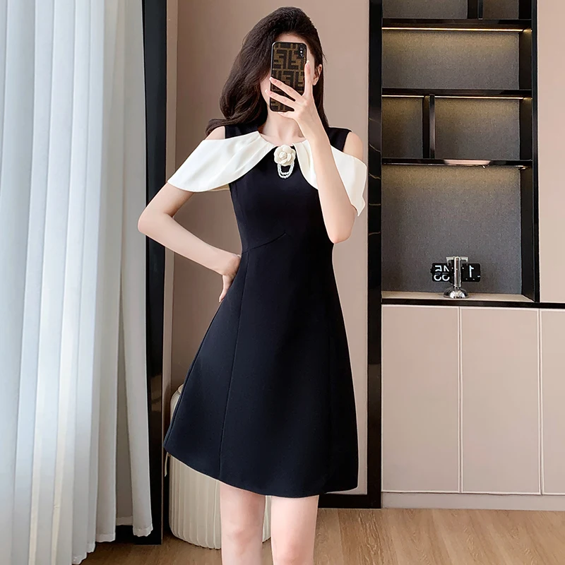 

Women Mini Short Dress Summer Off-the-shoulder Fashion Sweet Black Slim Elegant Party Club Birthday
