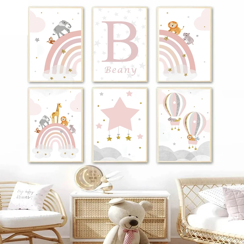Rosa Fee Regenbogen Ballon Mädchen Schlafzimmer Poster Baby Kinderzimmer Wandkunst Leinwandbild Kawaii Tierbild Kinderzimmer Deko