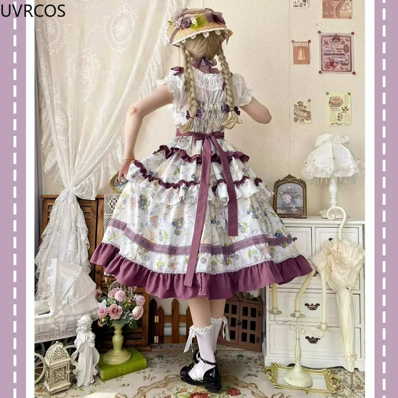Kawaii Cute Grape Print Ruffles Bow Princess Dresses Vintage Evening Party Dress Victorian Sweet Elegant Lolita Jsk Dress Women view 6