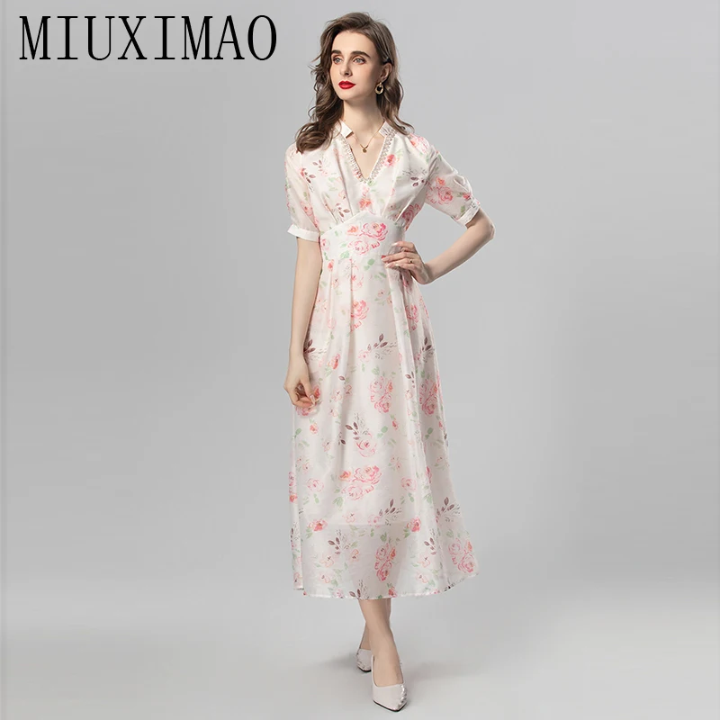 

MIUXIMAO Best Quality 2024 Fashion Designer Summer Women's Dresses Short Sleeve V-Neck Beading Floral Print Long Dress