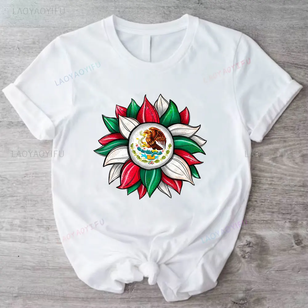 

Mexican Flag Sunflower Unisex Short Sleeve T-shirt Essential Mexican Sunflower Print Design Women's Cotton T-shirt O-neck Tops