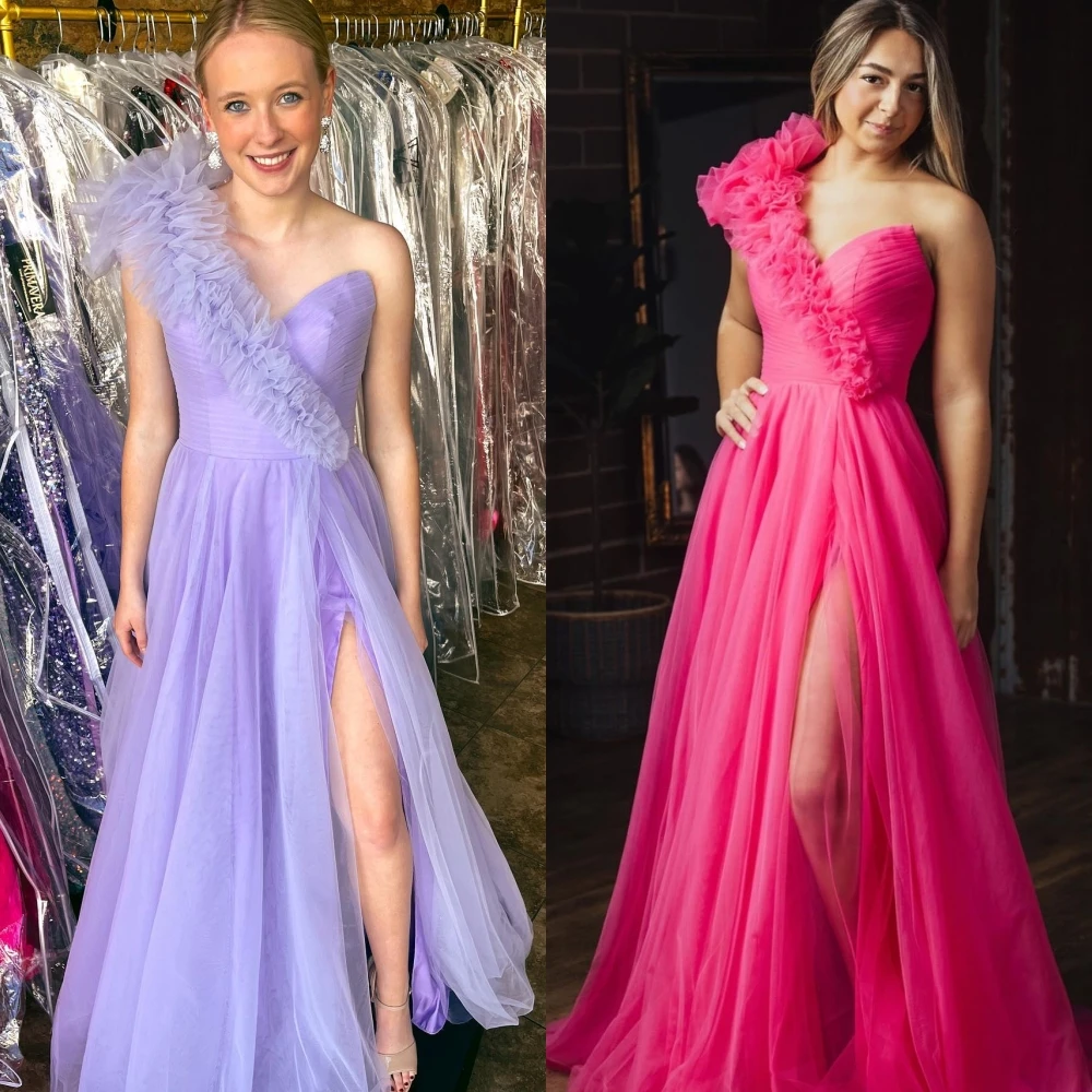 Hot Pink Prom Dress Ruffle One-Shoulder High Slit Hoco Drama Graduation Formal Party Wedding Guest Holiday Club Bridesmaid Gown