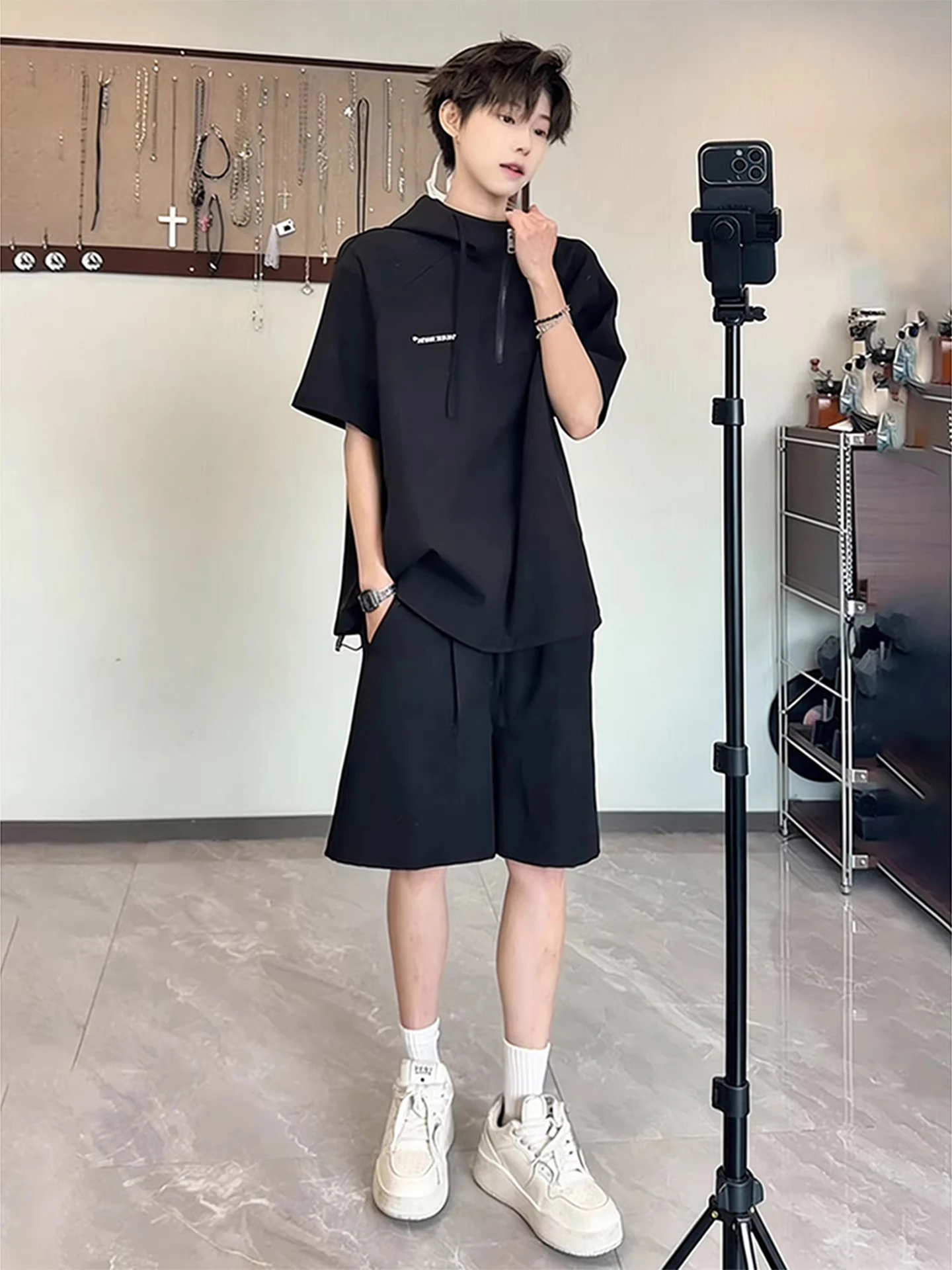 ensemble-de-vetements-de-sport-decontractes-d'ete-pour-hommes-noir-a-sechage-rapide-respirant-coupe-ample-sweat-a-capuche-short-a-manches-courtes-style-t-shirt-taille-jeune