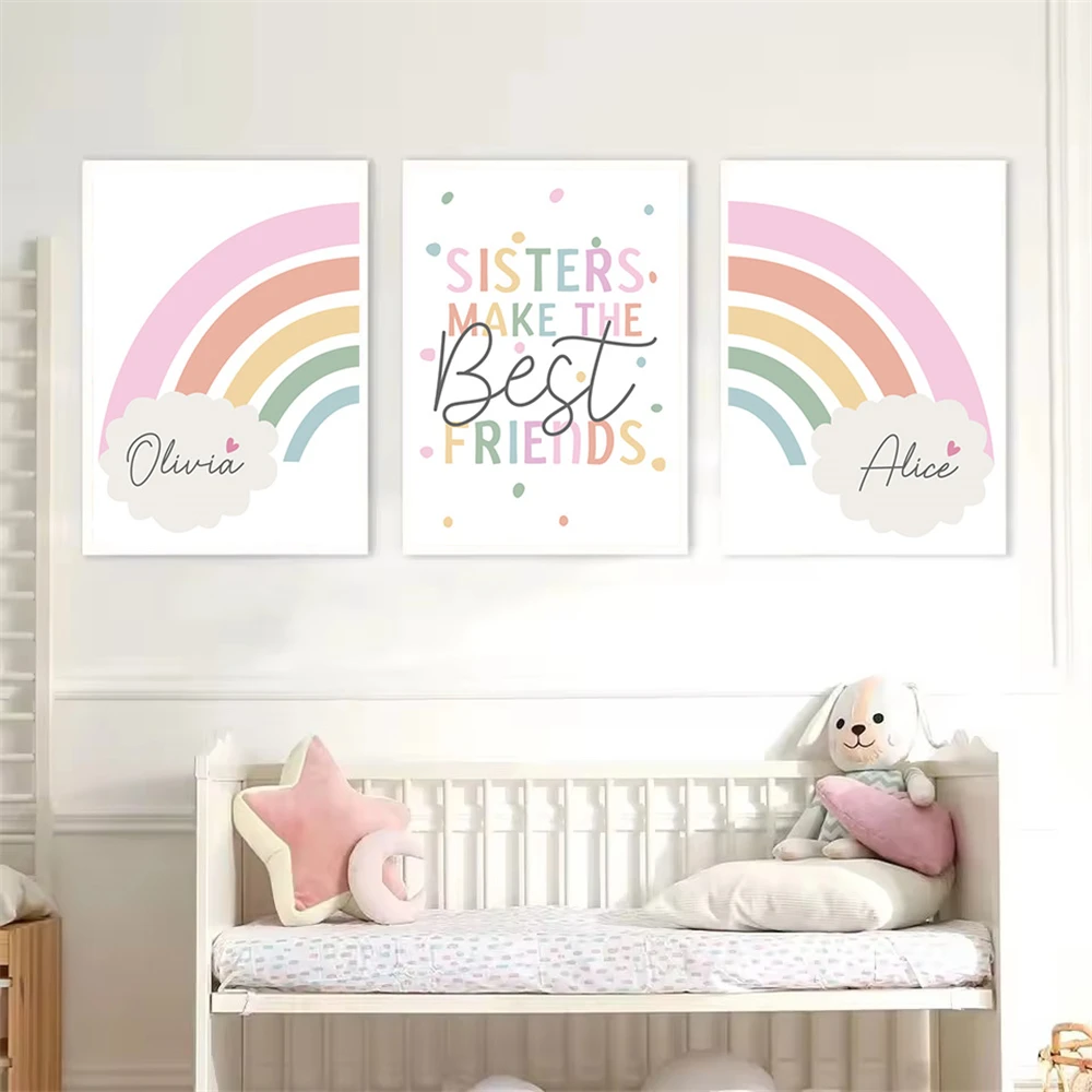 Custom Name Pink Rainbow Canvas Wall Art Painting Sisters Make The Best Friends Posters and Prints Nursery Girls Room Decoration