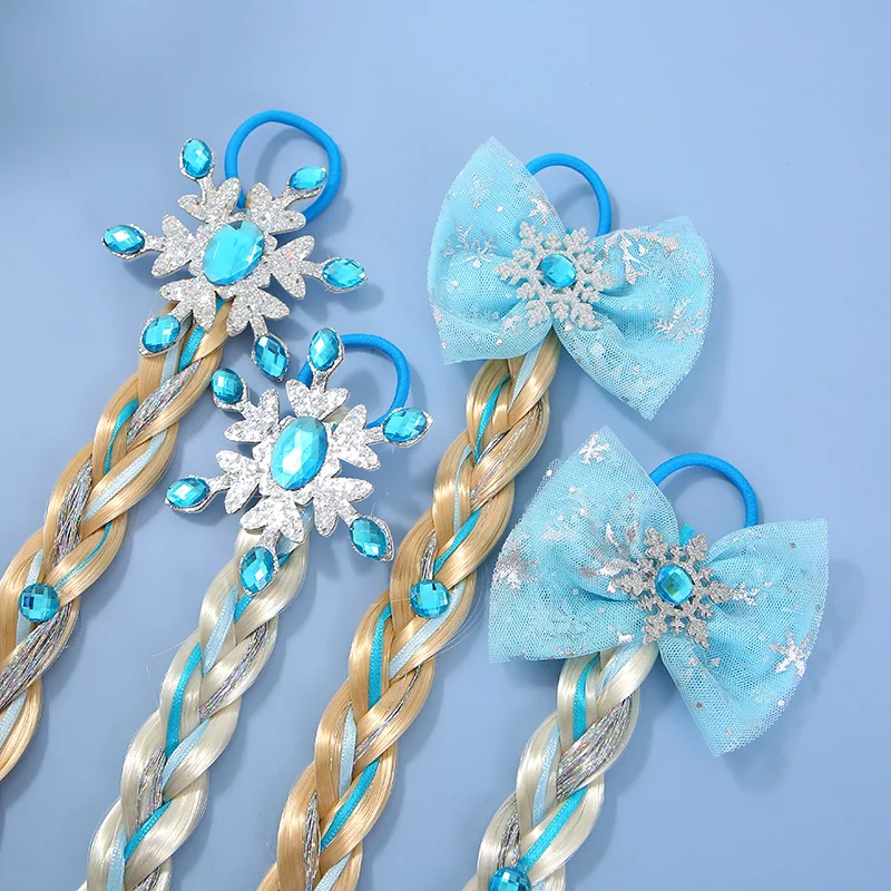 Girls Snowflake Hair Bow Kids Rainbow Hair Tie Princess Accessories Hairpieces Braids with Rubber Bands