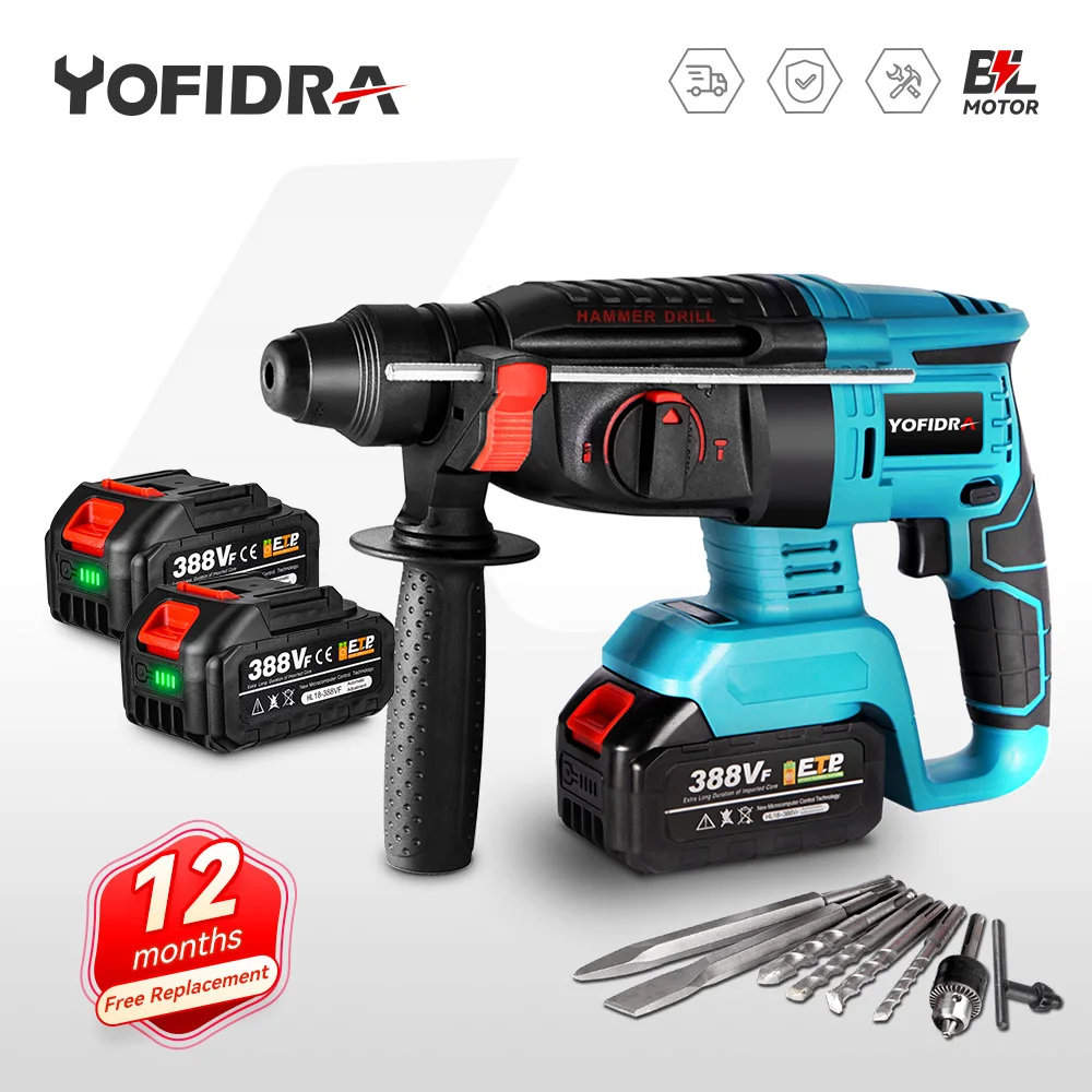 YOFIDRA 26mm Brushless Electric Hammer Multi-function Cordless Drilling Wall Loose Soil Impact Drill Tool For Makita 18V Battery