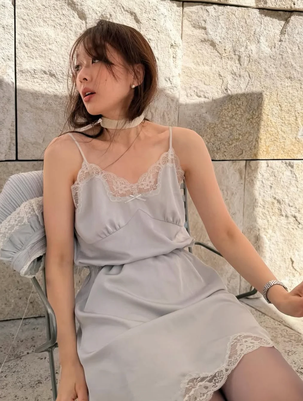 Flett Lace Strap Dress Women's Slim Fit Waist Cinched Gown French Style A-Line Skirt V-Neckline No Sleeve Summer 2026