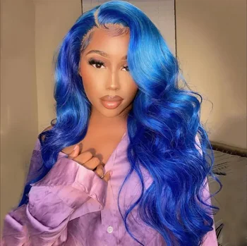13X4 Saffier Blauw Kant Front Pruik Body Wave Human Hair Pruiken Donkerblauwe Kleur Transparante Pre-Tokkelkant Frontale Pruiken Voor Vrouwen