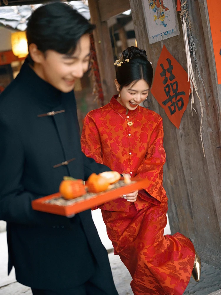 

Red Chinese Sle Engagement Wedding Dr New Version Luxury Lightweight Vintage Wind mid Waist Long Sve Suit