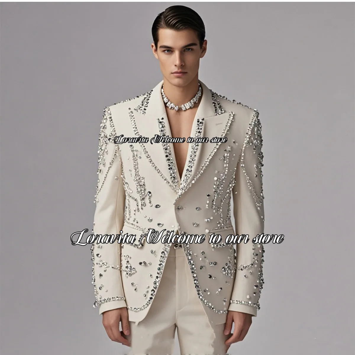 Luxury Sparkle Diamond Decoration Men Suits Peaked Lapel Groom Wedding Tuxedos 2 Pieces Set Male Prom Blazers trajes para hombre