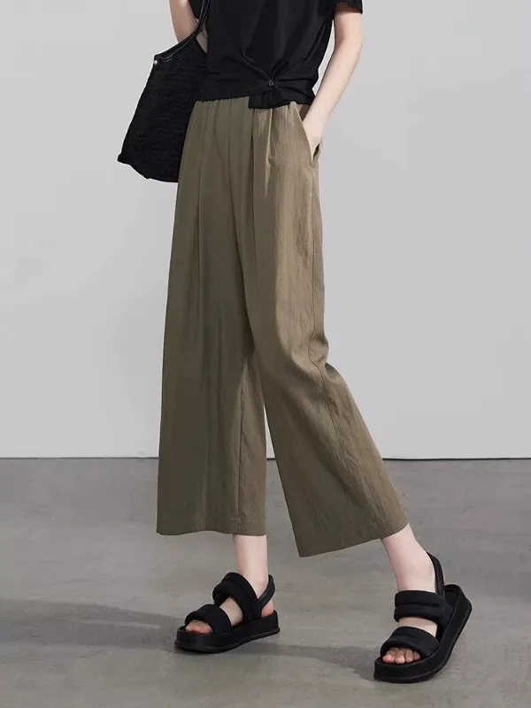 plus Size Women's Ice Silk Wide Leg Pants Elastic Waist Loose Slimming Drapey Nine-Foot Straight Leg Sumi Pants Casual High W...