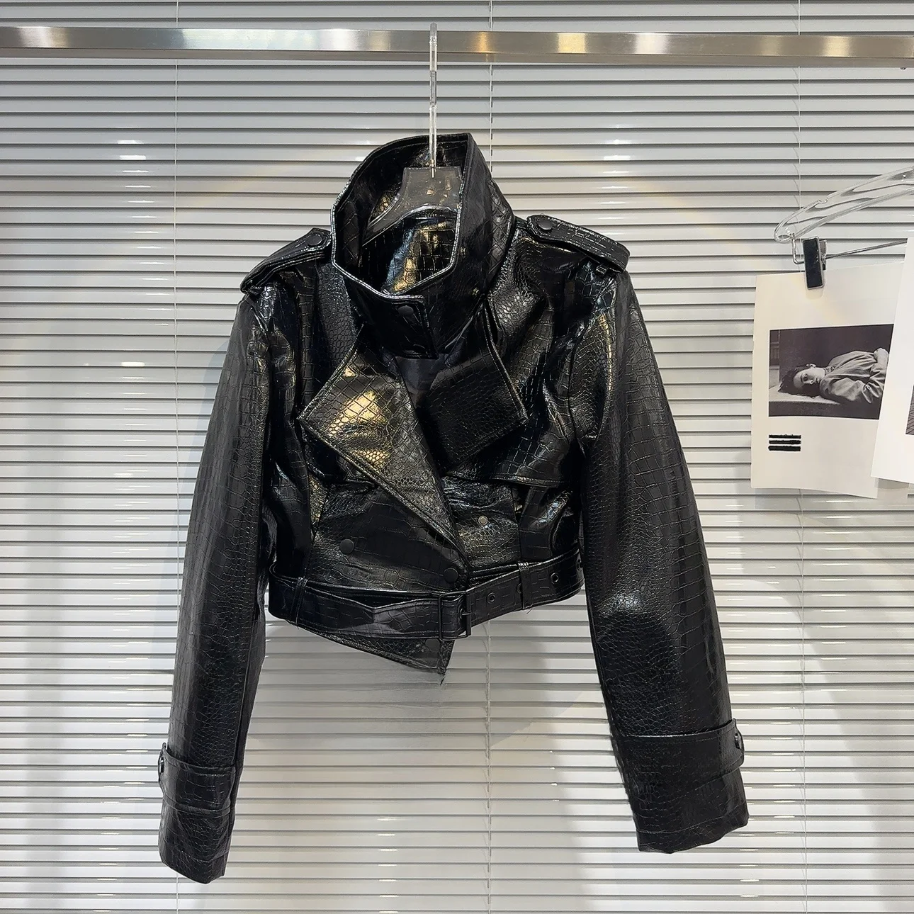 

Street Sle High Collar PU Leather Jaet Crocodile Pattern Biker Coat ort Length Long Sve Women's Faion Outerwear