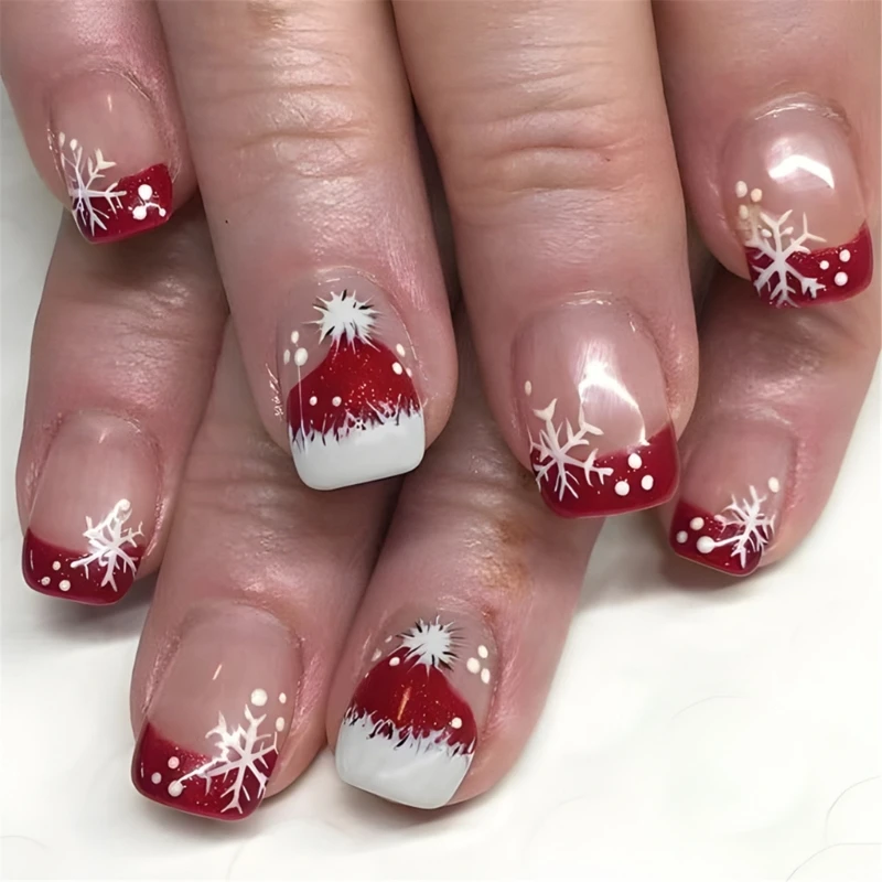 Q1QD 24Pcs Festive Press on Snowflake Nails Set Fashion on Christmas Nails