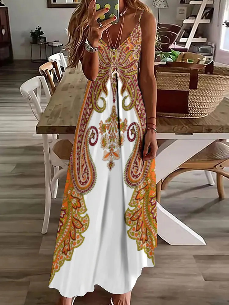 

Summer Women's Casual Dress Everyday Fashion V-neck Dress Cashew Flower Print Sleeveless Dress Vintage Ethnic Dress Paisley
