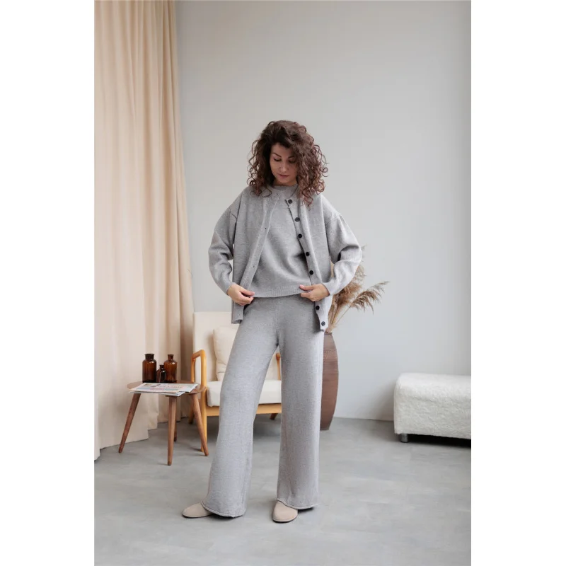 

Осень-зима, новый ленивый стильный кардиган, свитер, женский удобный жилет в европейском и американском стиле + вязаный комплект из трех предметов, брюки