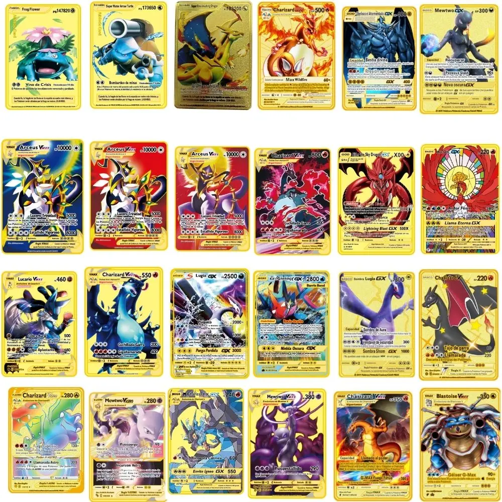 Cartes pokémon en métal, 24 pièces, espagnol/anglais, lettres Pokemon, en fer, Mewtwo Pikachu Gx Charizard Vmax Cartas pokem