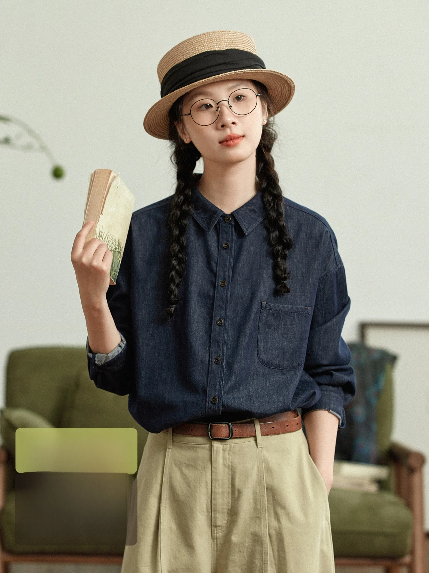 

Original Pure Cotton Deep Blue Denim Shirt Women's Spring Japanese Style Retro Casual Long Sleeve Shirt Versatile Top