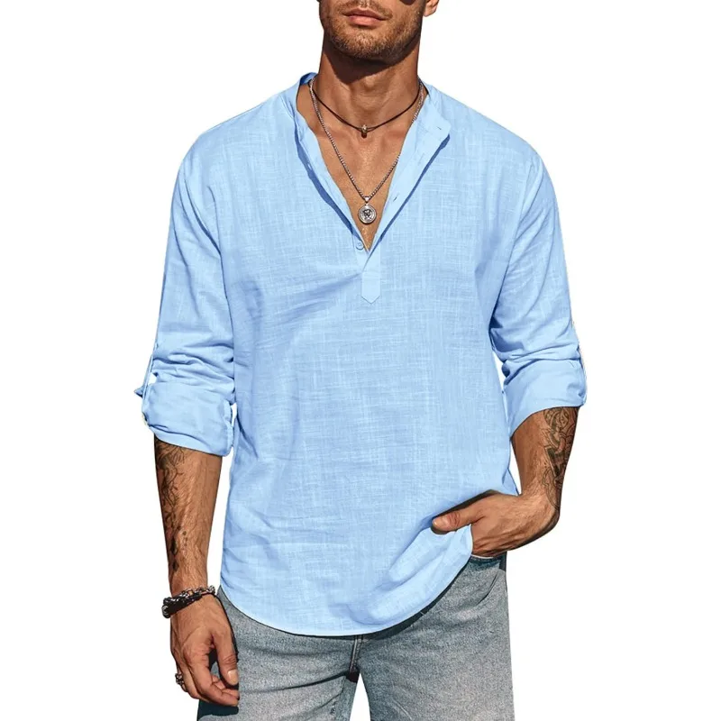 2024 Summer New Men's Long Sleeve Shirt Stand Collar Linen T-shirts Casual Lightweight Shirt for Men Breathable Cotton Tops