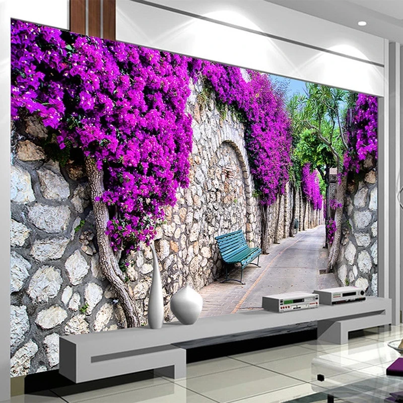 Customized Fashionable wall tile Purple Flowers Architecture 3D Wallpaper Living room sofa TV background wall bedroom restaurant