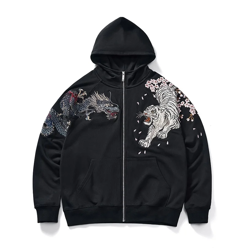 

Chinese Style Embroidery Hoodies Dragon Tiger Heavy Embroidery Hooded Zip-up Sweatshirt Street Jacket D009