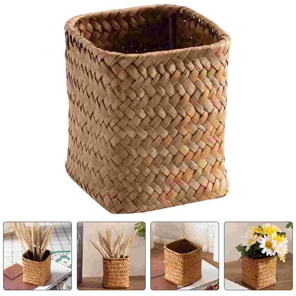 Imagem -05 - Handmade Rattan Desktop Trash Can Wicker Pen Cup Maquiagem Brush Holder Woven Vine Desk Organizer Pen Container Box Home Office