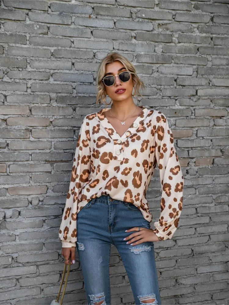 

Fashion Women Top T Shirt Spring Autumn New Print For Women Long Sleeve V-neck Casual Loose Office Top Tshirts