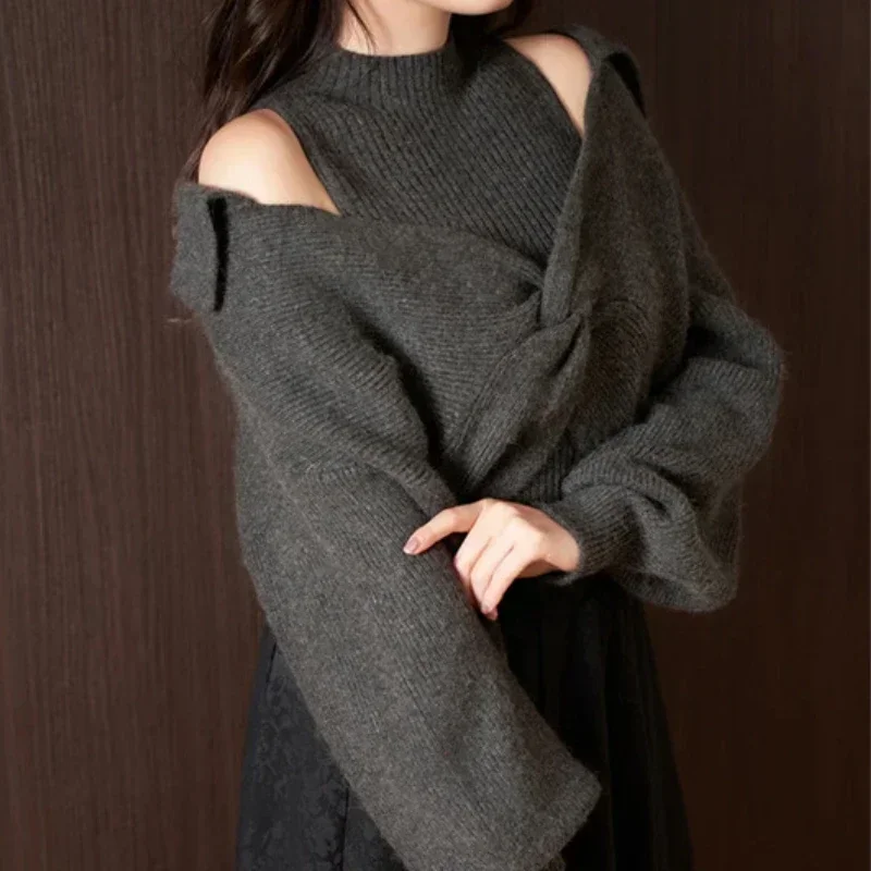 High Collar Knit Vests + Lantern Sleeve Kink Sweater 2024 Spring Winter New Women Suits Japanese Elegant Two Piece Sets