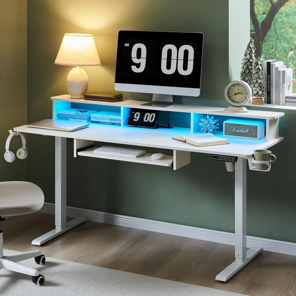 

60Inch Gaming Desk, Electric Standing Desk with Height Adjustable, Power Outlets, LED Lights, Keyboard Tray, and Monitor Shelf,
