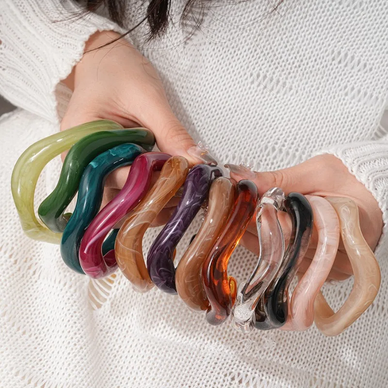Dopamine Wavy-shape Acrylic Resin Chunky Bangles for Women Irregular Goth Geometric Smudging Cuff Bracelets Charms Jewelry A-15 image 2