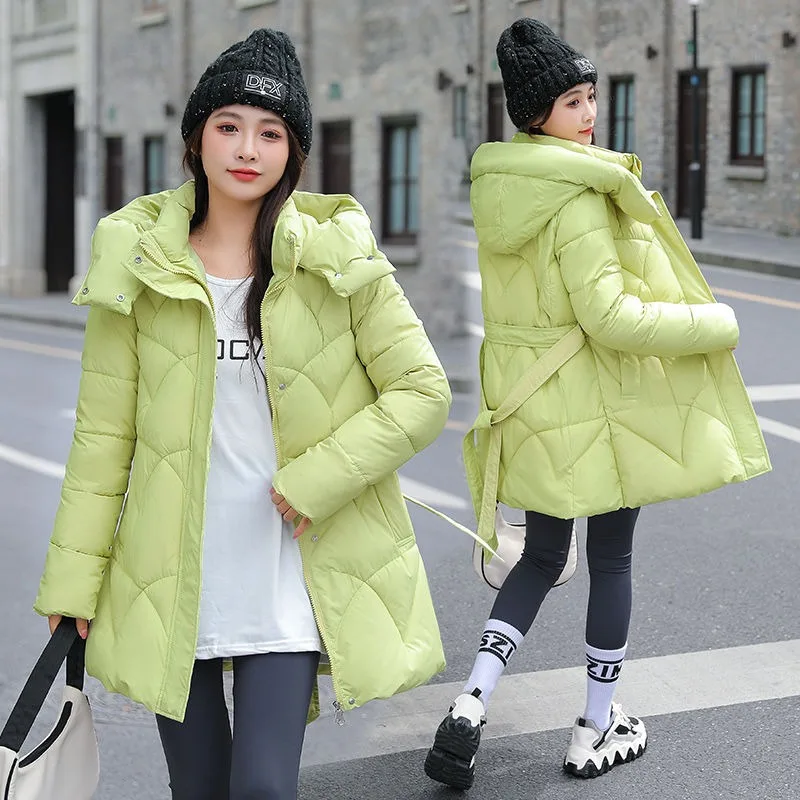 2023 New Women Down Cotton Coat Winter Jacket Female Mid-length Slim Parkas Thicken Simple Commuter Outwear Hooded Overcoat