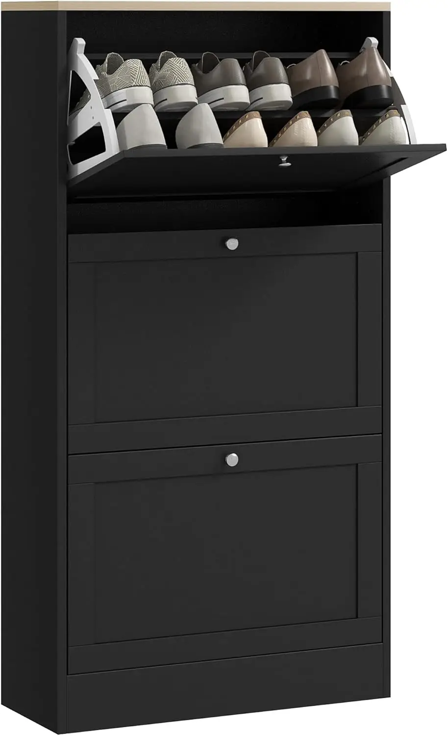 Slim Shoe Cabinet for Entryway, Modern Hidden Shoe Storage Cabinet with 2 Flip Drawers and Adjustable Shelves for 12 Pair