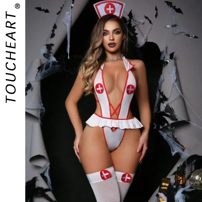 Toucheart Sexy Lingerie For Women Halloween Nurse Uniform Deep V-Neck Jumpsuit Temptation Stockings Headdress Sexy Lingerie New