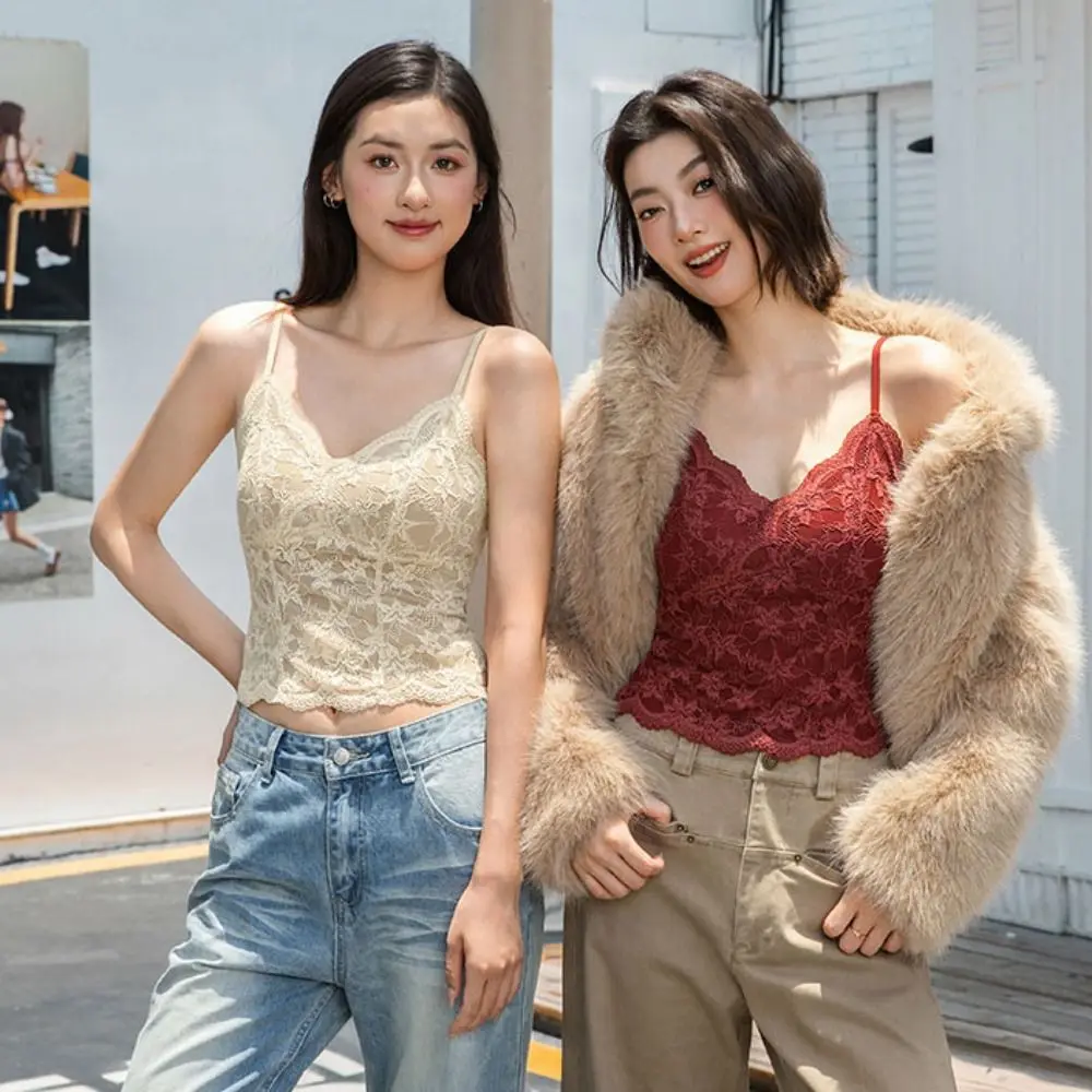 

Chic Mesh Flower Slim Lace Crop Top Sweet Bottoming Shirt Girl's Vest Top Summer Spicy Girls Style Camisole with Pads Women