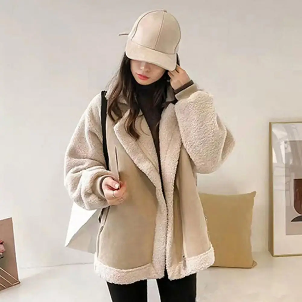 Long Sleeve Coat Stylish Lambswool Windproof Coat with Zippered Pockets for Women Warm Winter Jacket with Turn-down Collar