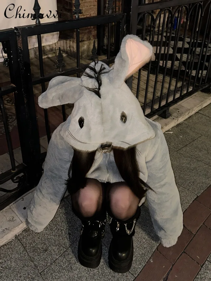 Japanese Subculture Cute Mouse Plush Jacket Halloween American Y2K Long Sleeve Loose Warm Coat Top 2025 Autumn Winter New
