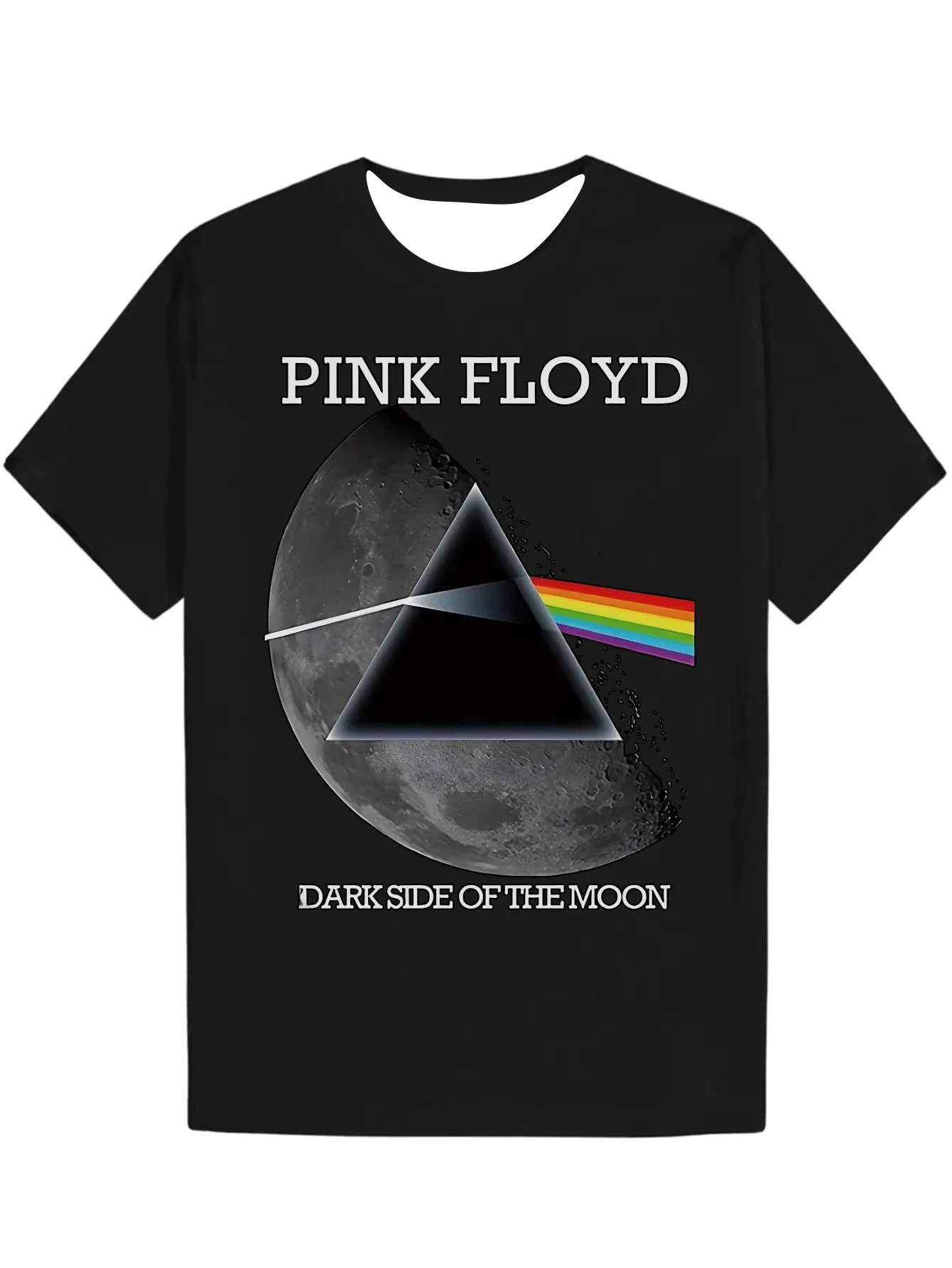 Camiseta informal para hombre, color negro, con estampado del álbum Dark Side of The Moon de Pink Floyd, diseño de triángulo arcoíris y luna, cuello redondo