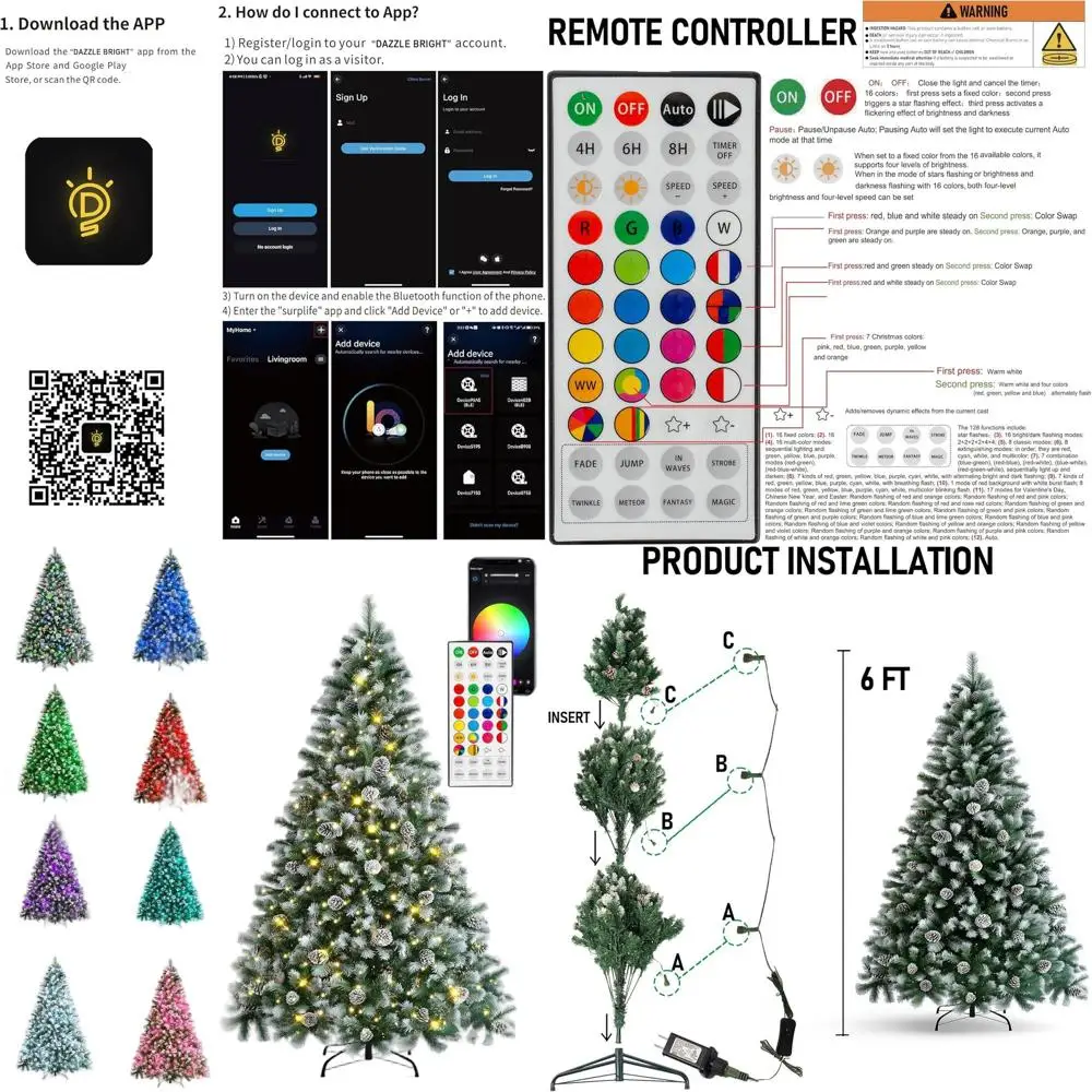 

6-Foot Pre-lit Christmas Tree with 300 RGB LED Lights, Remote & App Control, 900 Tips, 62 Pinecones for Holiday Decor