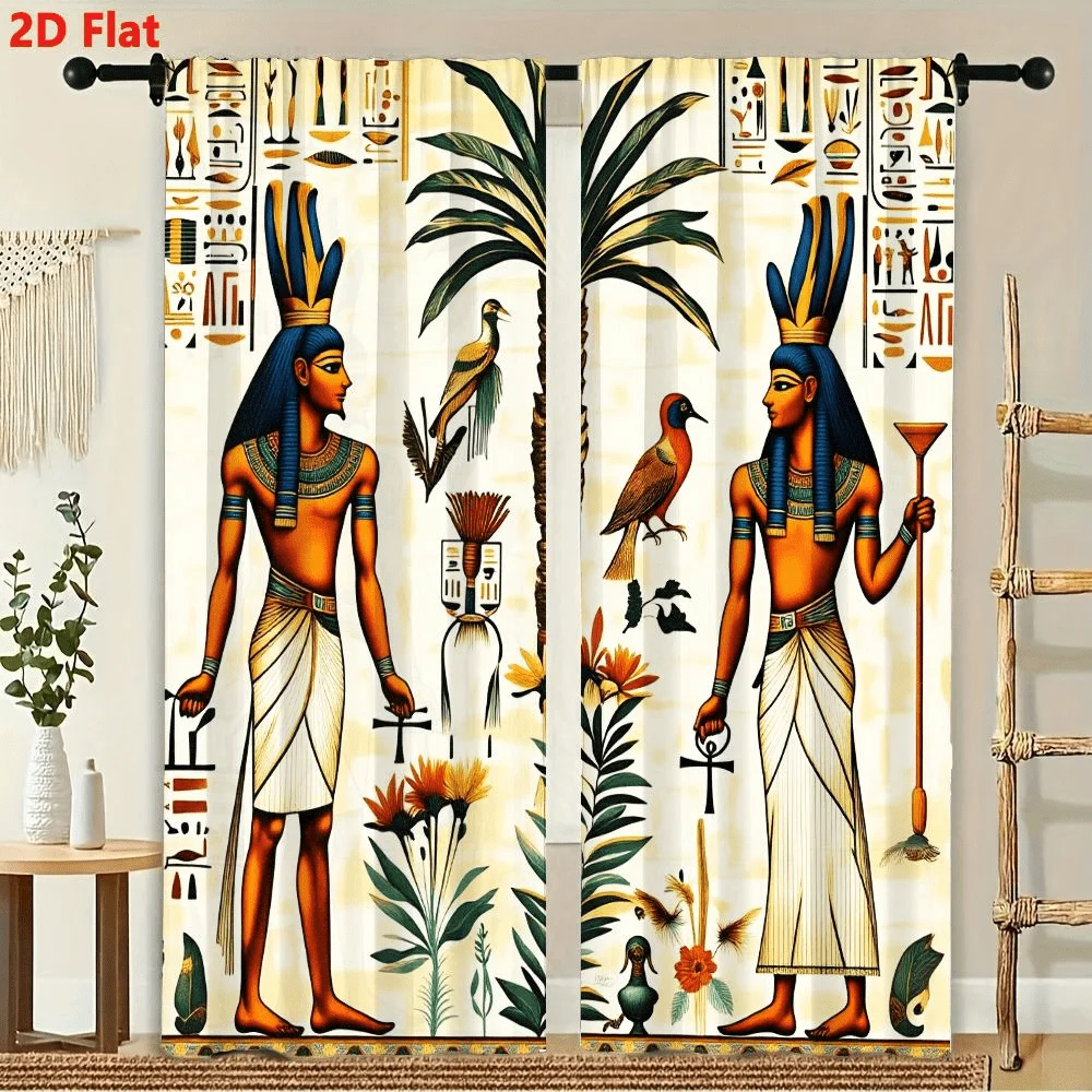 

2Pcs Curtain Egyptian Ankh And Was Scepter With Palm Tree Window Drapes for Bedroom Living Room Decoration Window Treatment.