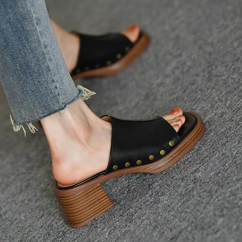 New Trend Chunky Women Sandals Mid Heels Fashion Slippers 2023 Summer Brand Dress Pumps Casual Shoes Slides Women Flip-flops